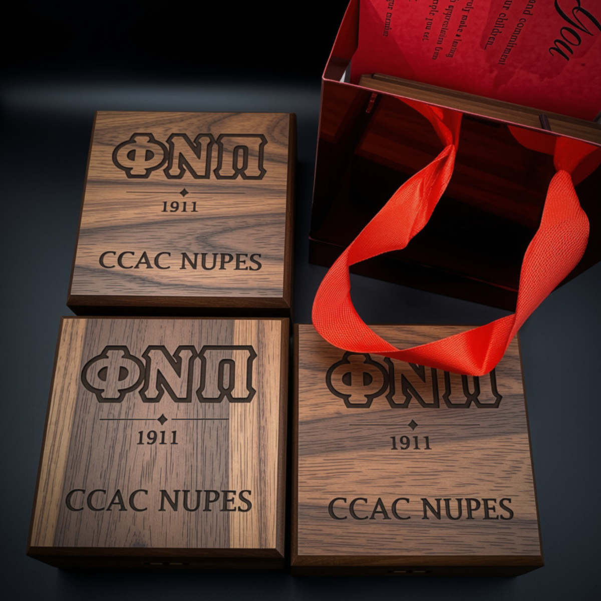 Three engraved wooden gift boxes with CCAC Nupes lettering and the year 1911, arranged on a dark surface with an open red gift box and bright red ribbon beside them.
