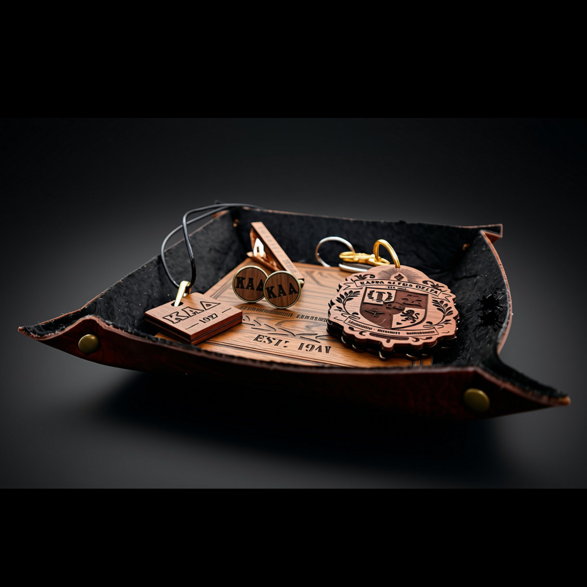 A leather tray holding engraved wooden keepsakes and a small wooden tag on a dark studio background.