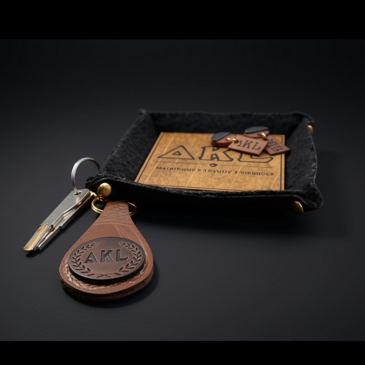 A leather keychain wallet with a black felt interior, shown with a keyring and keys in the foreground. The wallet has a tan leather insert card with the AKL logo and two small metal key charms.