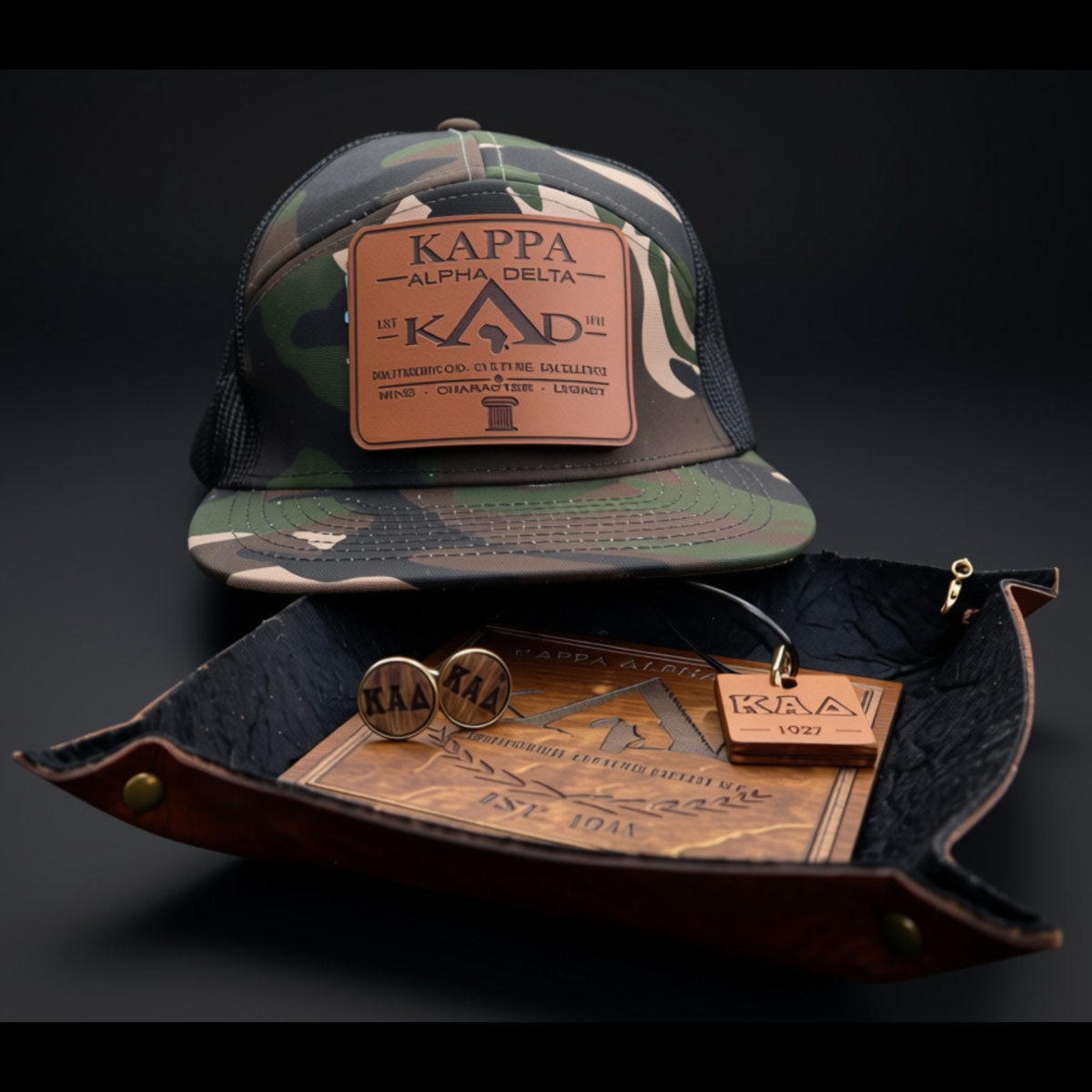 A camouflage trucker cap with a tan Kappa Alpha Delta leather patch, displayed above an open dark brown leather pouch containing matching Kappa Alpha Delta jewelry and a branded tag, on a dark studio background.