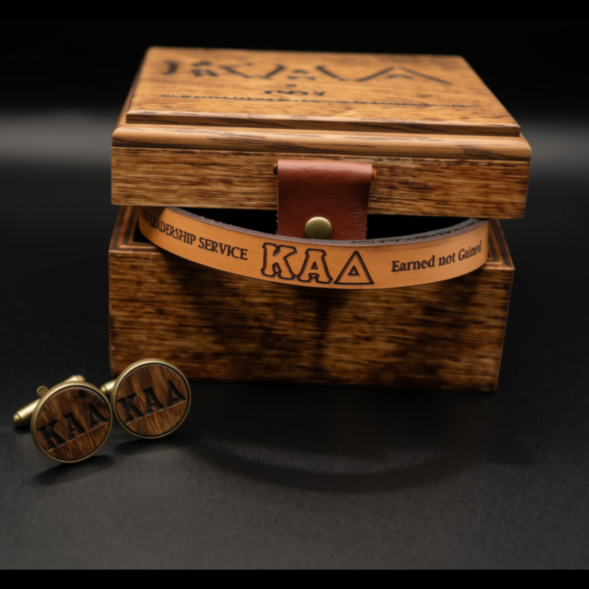 Wooden Kappa Alpha cufflinks displayed next to an engraved wooden presentation box with a leather strap closure. The cufflinks feature a circular wood face with the Kappa Alpha letters engraved, and the box is also engraved with Kappa Alpha text.
