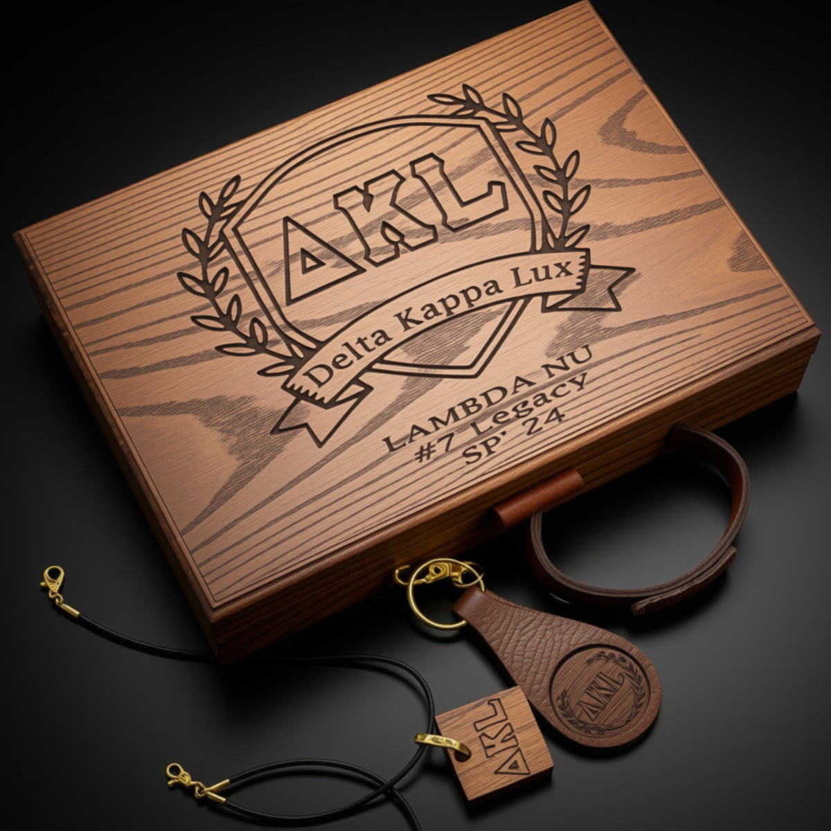 A wooden engraved gift box labeled 'AKL Delta Kappa Lux Lambda Nu #7 Legacy SP 24' shown on a dark background with a leather keychain and matching pendant accessories placed in front.